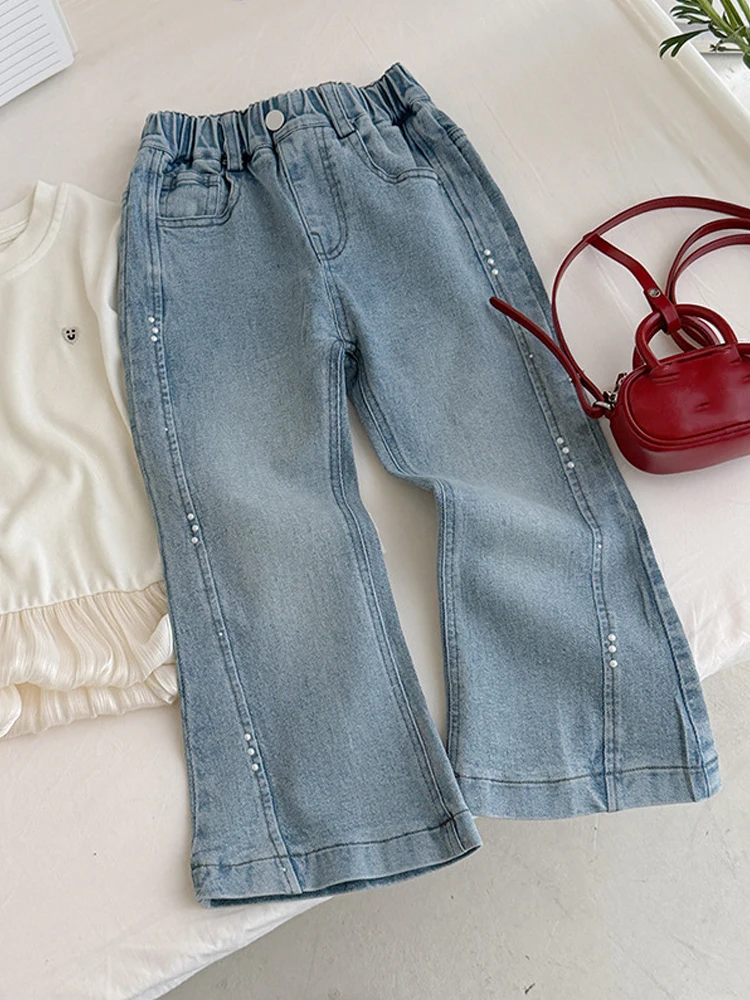 Girls' Pearl Micro Flared Jeans 2026 Spring New Children's High Elasticity Denim Trousers Kids Versatile Slim Pants