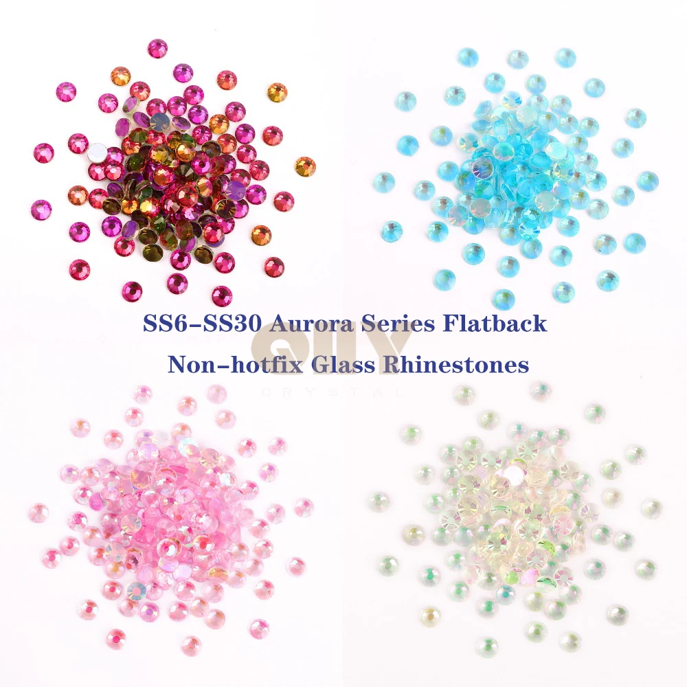 QIIY SS6-SS30 Aurora Flatback High Quality Glass Rhinestones Super Bright Crystal Glue On 3D Stones For DIY Nail Art
