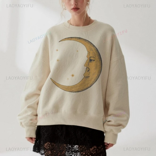 

Винтажная толстовка с луной, джемпер с ретро-графикой, подарок ведьмы, модная толстовка с круглым вырезом в стиле бохо, удобные цвета, зимняя толстовка