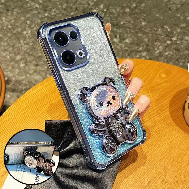 Cute Bear Bracket Plating Phone Holder Case for Motorola Moto G06 G56 G86 G05 G14 G04 G34 G54 G24 G84 E14 E15 Clear Stand Cover
