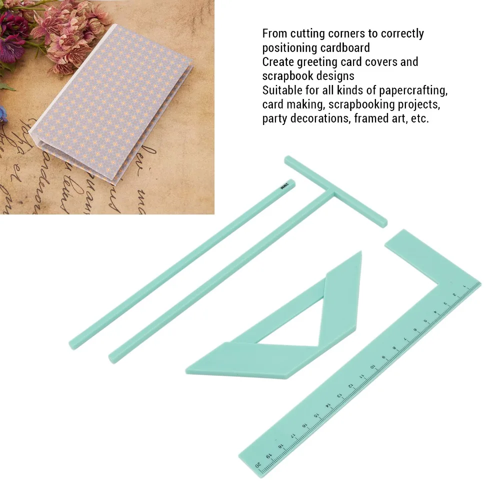 4PCS Multifunctional Bookbinding Ruler Kit Spacing Guide Precision Book Cover Maker Kit Corner Cutting Square Set For Scrapbook