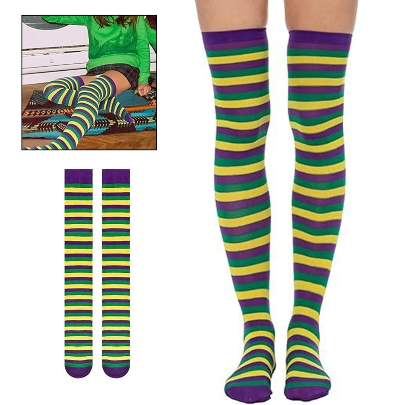 Mardi Gras Thigh High Socks for Women Carnival Striped Print Elastic Long Over Knee Stockings for Cosplay Party Costume