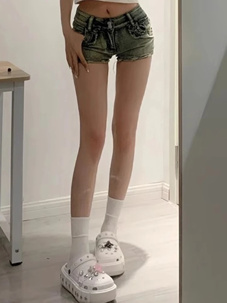 Frauen Koreanische Retro Y2k Shorts Hosen Dame Vintage High Street Hot Hosen Weibliche Blau Niedrigen Taille Elastische Gewickelt Hüfte Kurze Jeans – Detail 5