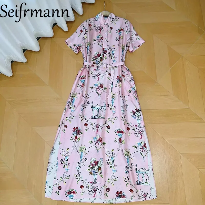 Seifrmann Casual Printed Silk Loose Dress Stand Collar Short Sleeve Waist Long Dress 2026 Summer Women's New Style