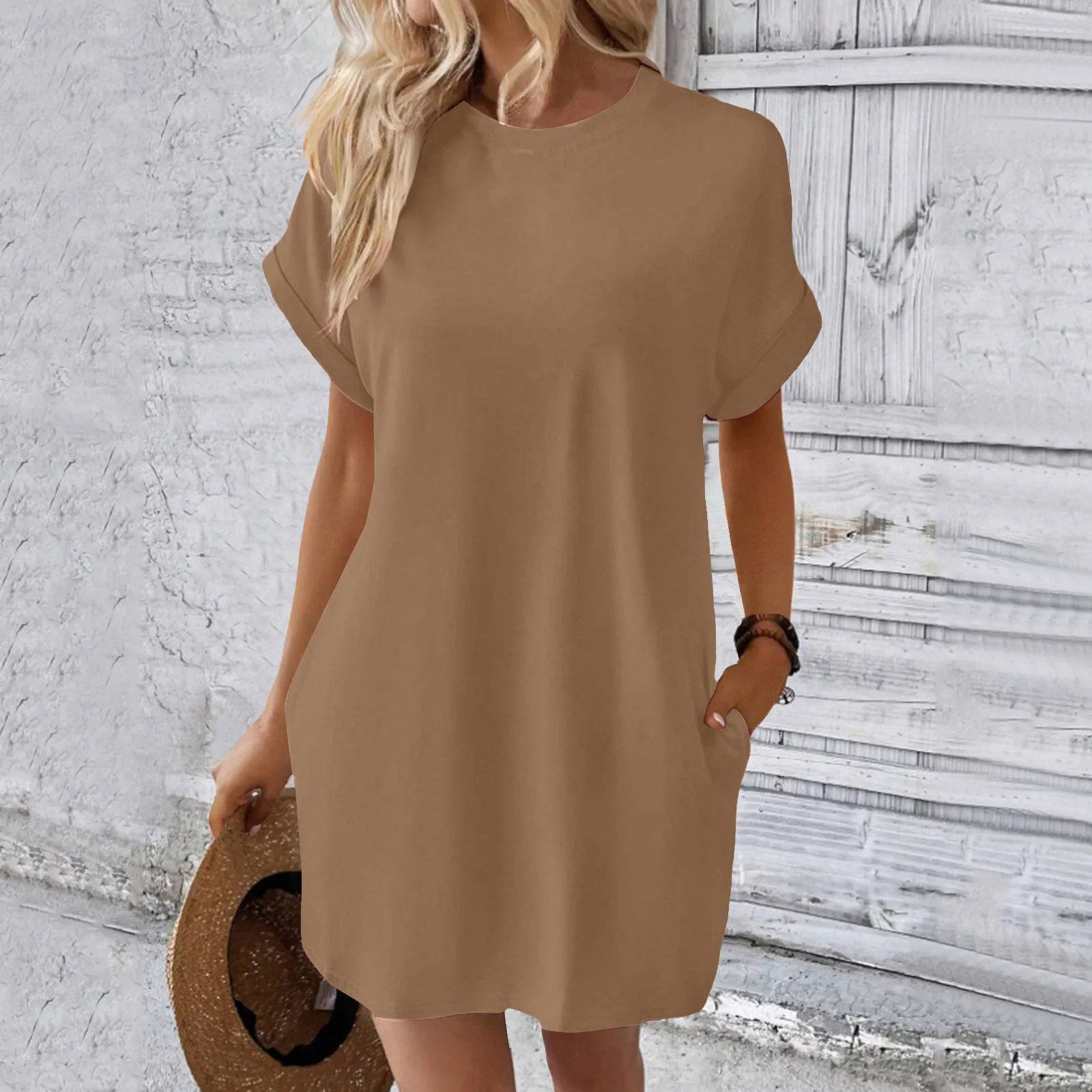 Soft Short Sleeve Casual T Shirt Dress Summer Loose Fit Solid Color Dress with Pockets Casual Round Neck Plain Dress Women