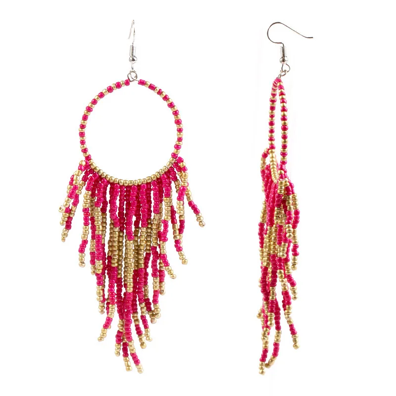 Kymyad Bohemia Drop Earrings Ethnic Long Earring Retro Handmade Beaded Earrings Tassel Chains Earings Fashion Jewelry