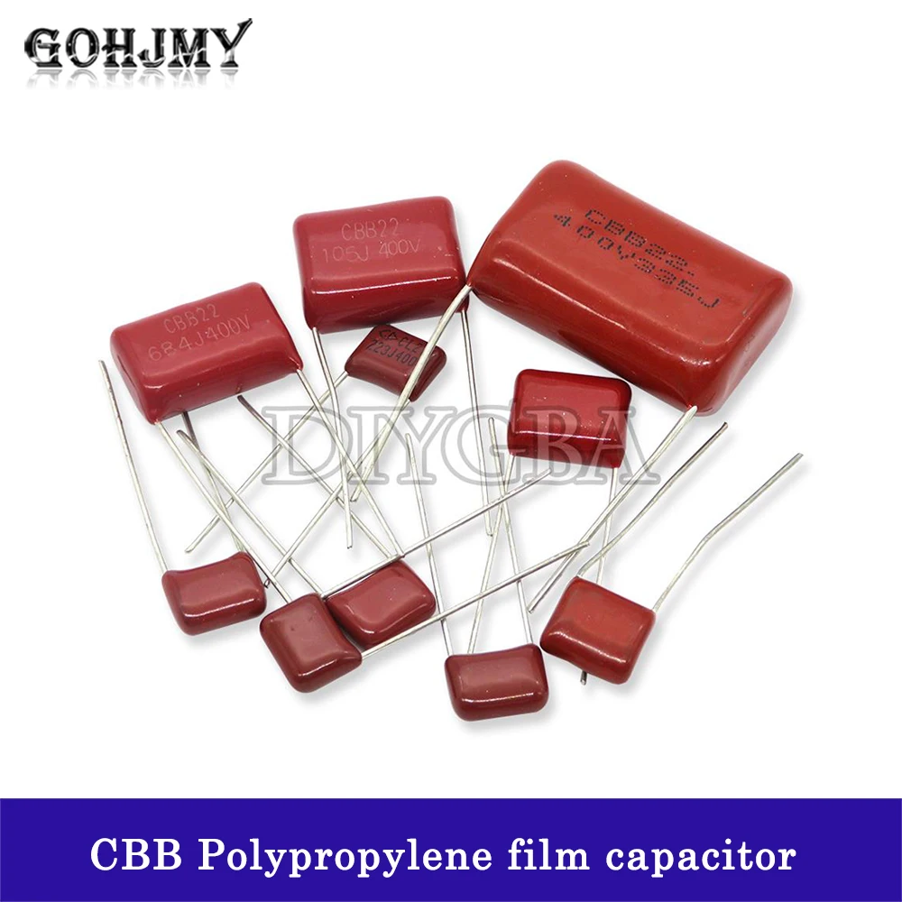 Capacitor do filme do polipropileno do CBB, 100V, 250V, 400V, 450V, 630V, 2KV, 103J, 223J, 104J, 224J, 334J, 473J, 474J, 105J, 155J, 225J, 335J, 475J, 10 PCes