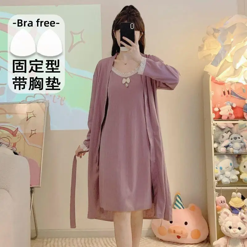 

Женский халат больших размеров, весенне-летний комплект из двух предметов с нагрудными вставками и длинными рукавами, домашняя одежда, удобная, приятная для кожи ночная рубашка