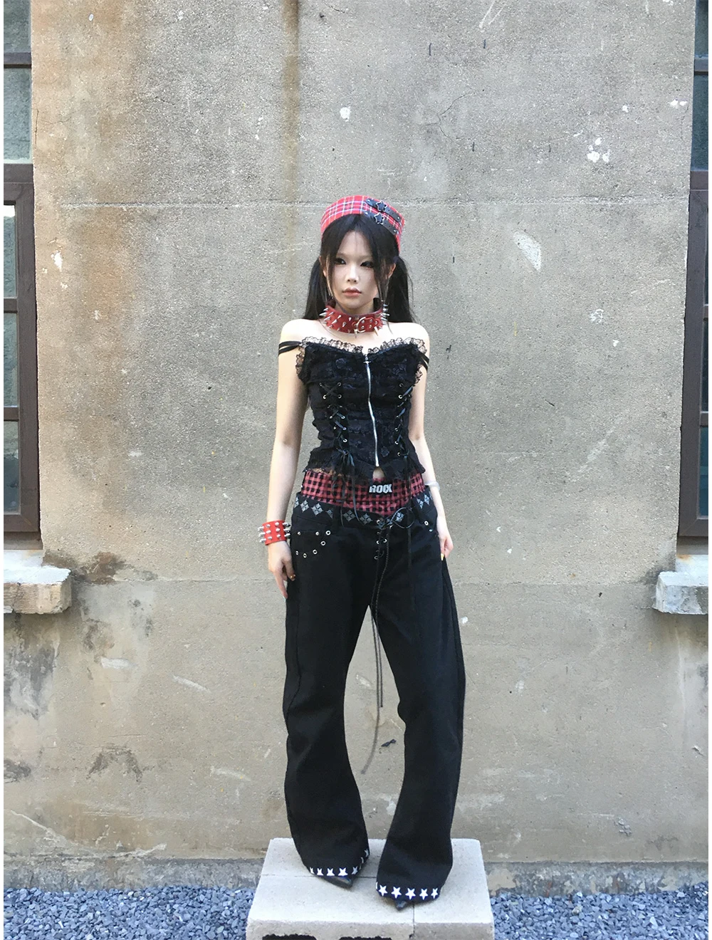 Harajuku Niche Double Waist Drawstring Scimitar Jeans Contrast Color Star Letter Printing Stacked Design Trousers Women's Pants