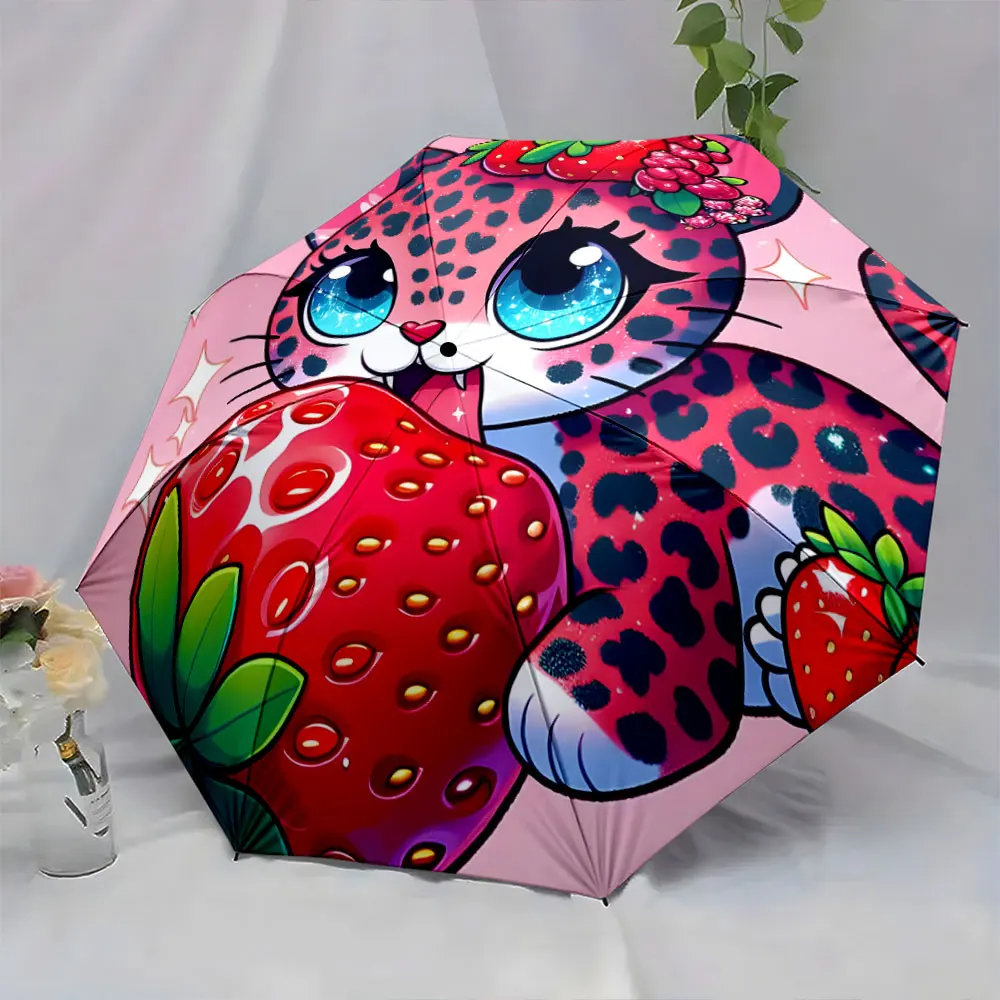 1PC Cute Leopard Print Umbrella with Strawberry Theme Print 8 Iron Ribs Folding Umbrella Auto-Open Fashion Sunshade