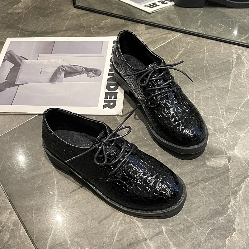 Leather British Leather Shoes Women\'s Soft Leather Deep Mouth Single Heel Spring and Winter Lacing Shoes Zapatos De Mujer