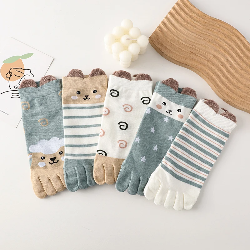 Five-finger Women Cotton Boat Socks Cartoon Four Seasons Cute Breathable Toe Socks Ladies Short Barrel Cute Yoga Socks Set