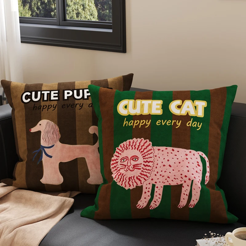 Retro Cartoon Sofa Pillow Living Room Decorative Cushion Bedroom Hostel Office Square PP Cotton Filled Decorative Pillow