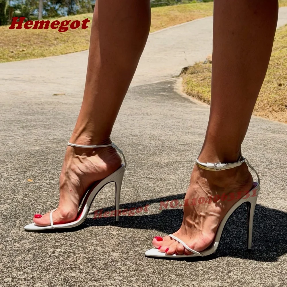 Black Ankle Buckle Strappy Sandals Pointy Toe One Strap Stiletto High Heels Women's Sandals Summer Side Air Glossy Casual Shoes