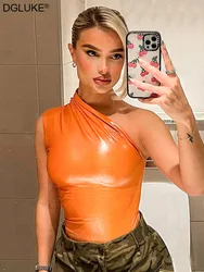 DGLUKE Sexy Bodysuit Women One Shoulder Backless Bodysuit Top Y2K Summer Bright Body Playsuit Night Club Festival Outfit