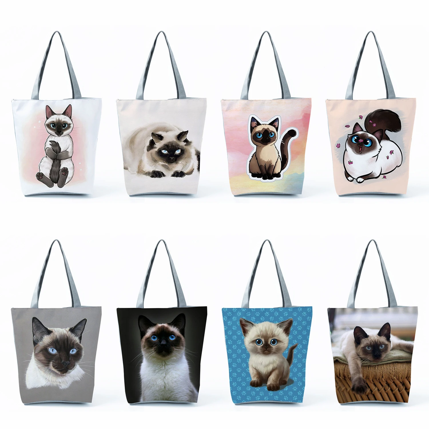 

Portable High Capacity Casual Women Tote Bags Cartoon Animal Shopping Bags Cute Siamese Cat Printed Handbags Travel Beach Bags