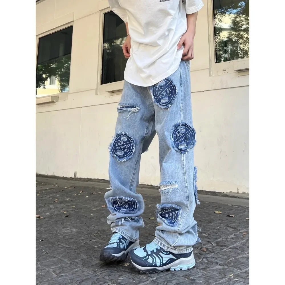

Men'S Fashion Denim Trouser Cotton Hole Straight Pocket Distressed Jeans Pants Stylish Classic Jeans High Street Ins Trendy