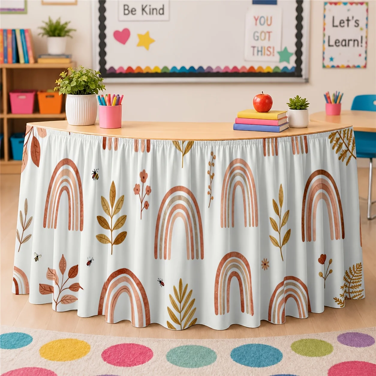 One table skirt tablecloth with printed design made of polyester, featuring bohemian style, earthy and simple warm tones.