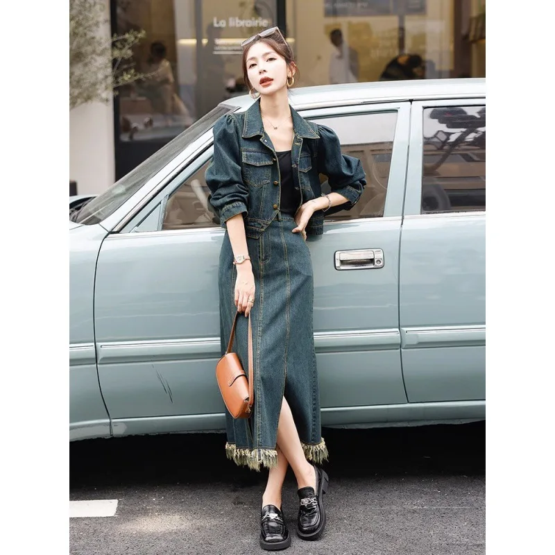 Fashion Slim Denim Short Coat Half Length Skirt Two Piece Set Spring Autumn New Women's Vintage Tassel Style Denim Skirt Jacket