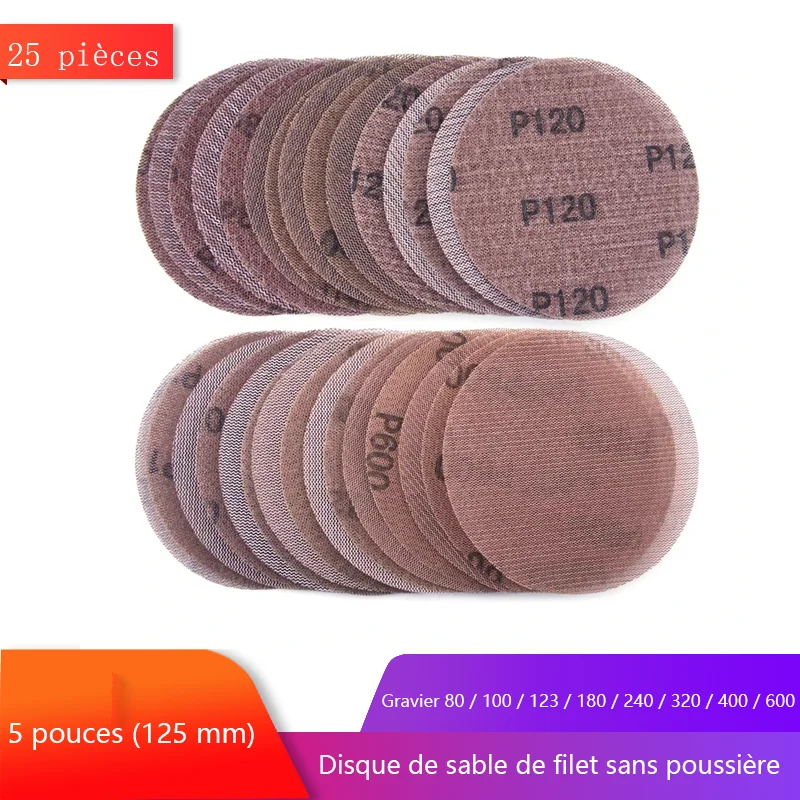 Disques abrasifs en maille, 5 pouces, 125mm, crochet et boucle, disque abrasif sans poussière, Anti-blocage, papier de verre tranchant pour le bois de voiture, 15/25 pièces