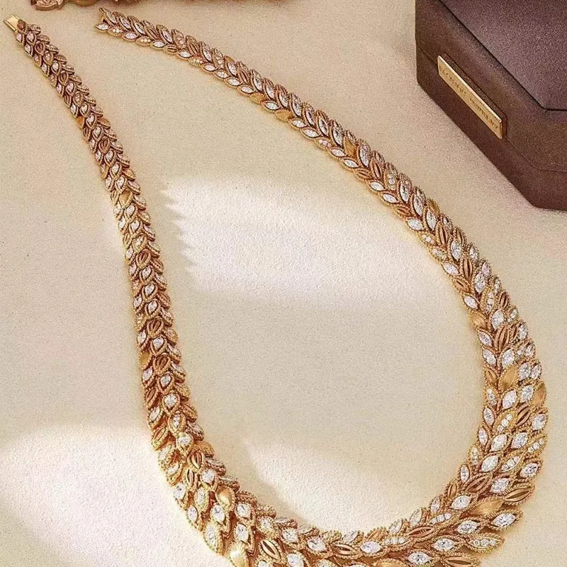 Jeweler Exclusive Wheat Ear Dew Drop Set Chain 19.181 Carat 18k Gold Choker Natural Yellow Diamond Choker Women