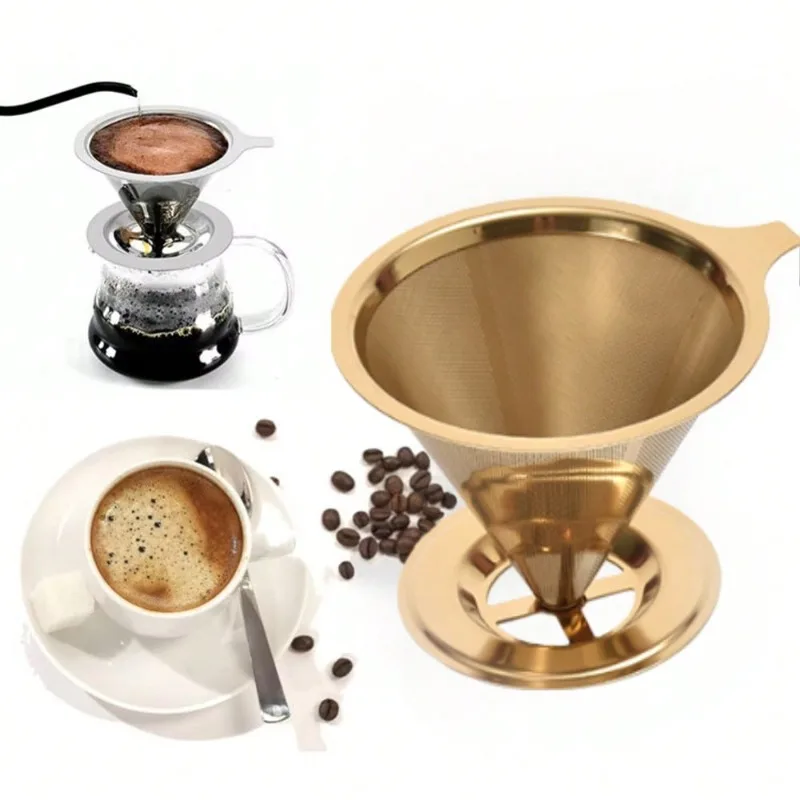 Wiederverwendbarer doppelschichtiger, feinmaschiger Kaffeefilter aus Edelstahl für Tropfkaffee und Tee, tragbarer Kaffeetropfer mit Tablett für Zuhause