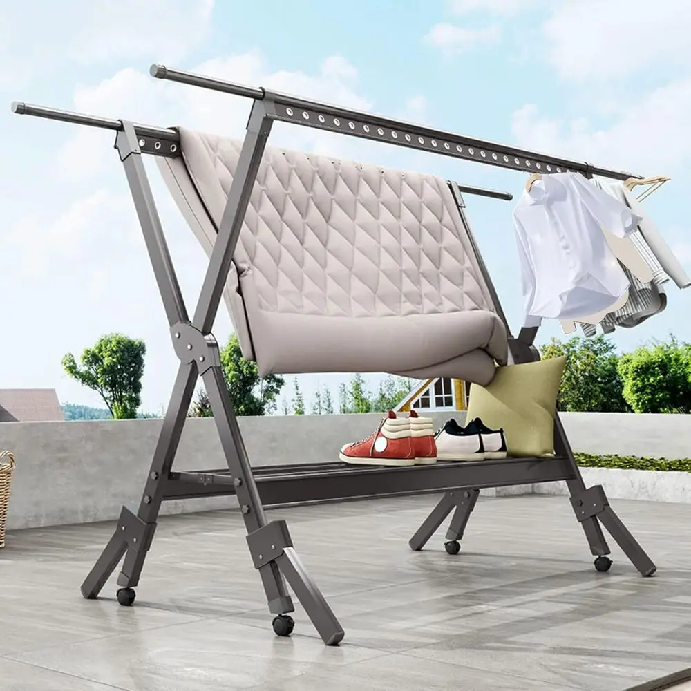 

Прочная выдвижная сушилка для одежды в помещении и на открытом воздухе с полкой для обуви и 2-мя стойками