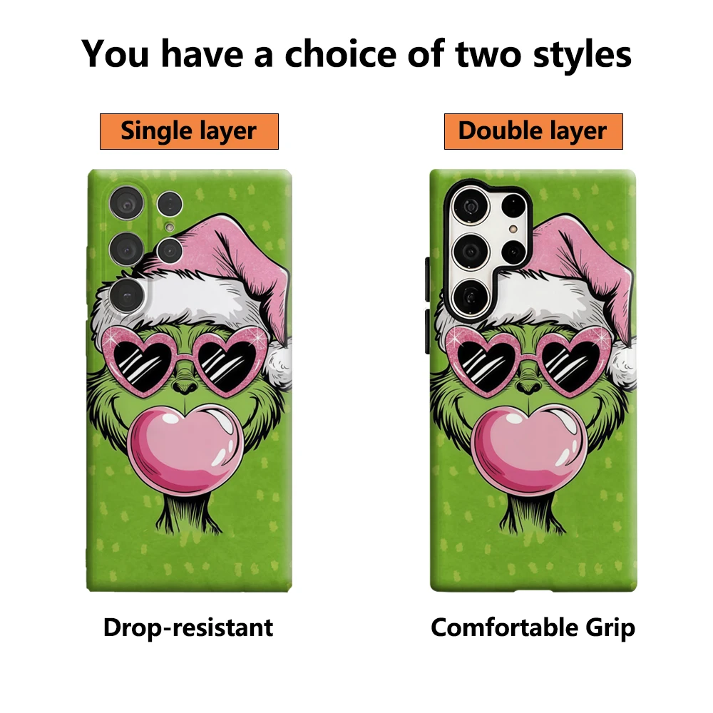 Natal G-Grinch Bolhas Rosa Capa de Telefone para Samsung Galaxy S25 Ultra S24 S23 Ultra Plus Brilhante Capa Traseira de Dupla Camada