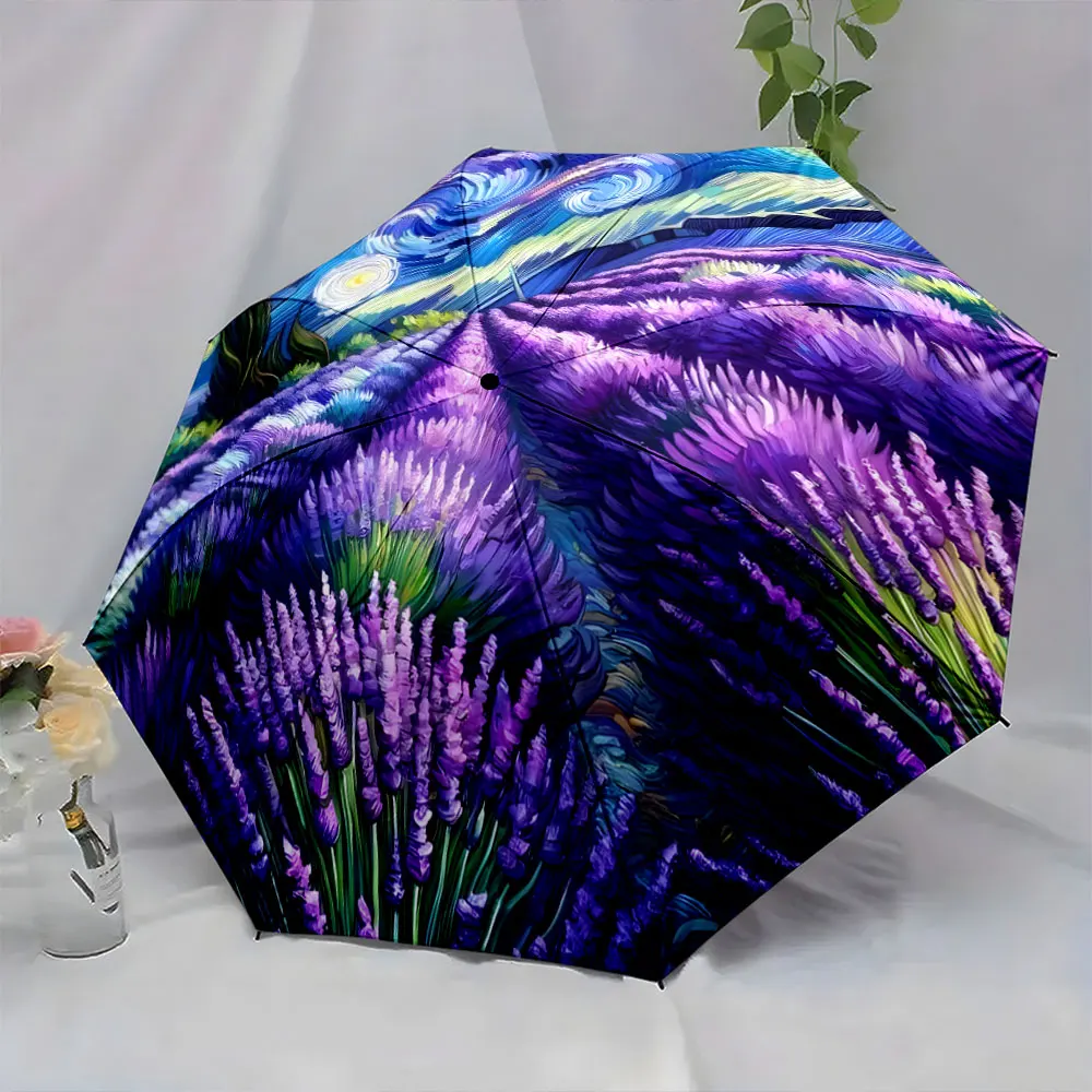 1PC Lavender Fields Meets Starry Night Artistic Umbrella Design Print 8 Iron Ribs Folding Umbrella Auto-Open Fashion Sunshade
