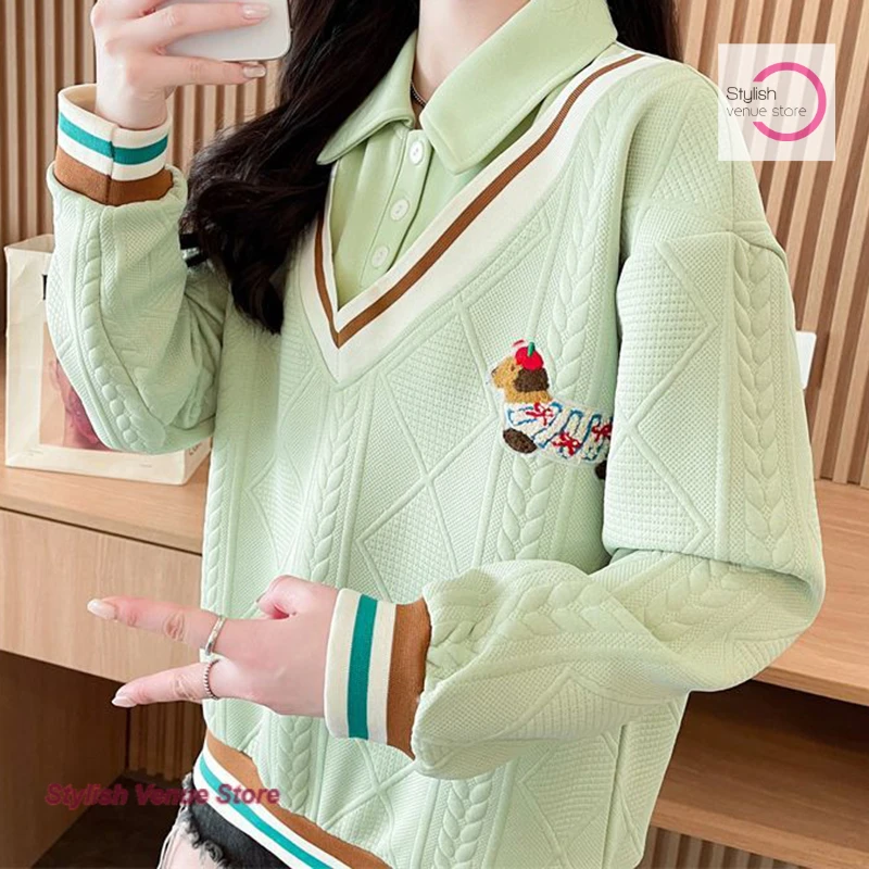 Korean style stitching fake two-piece sweater women's spring and autumn cartoon loose western design embroidered polo collar top