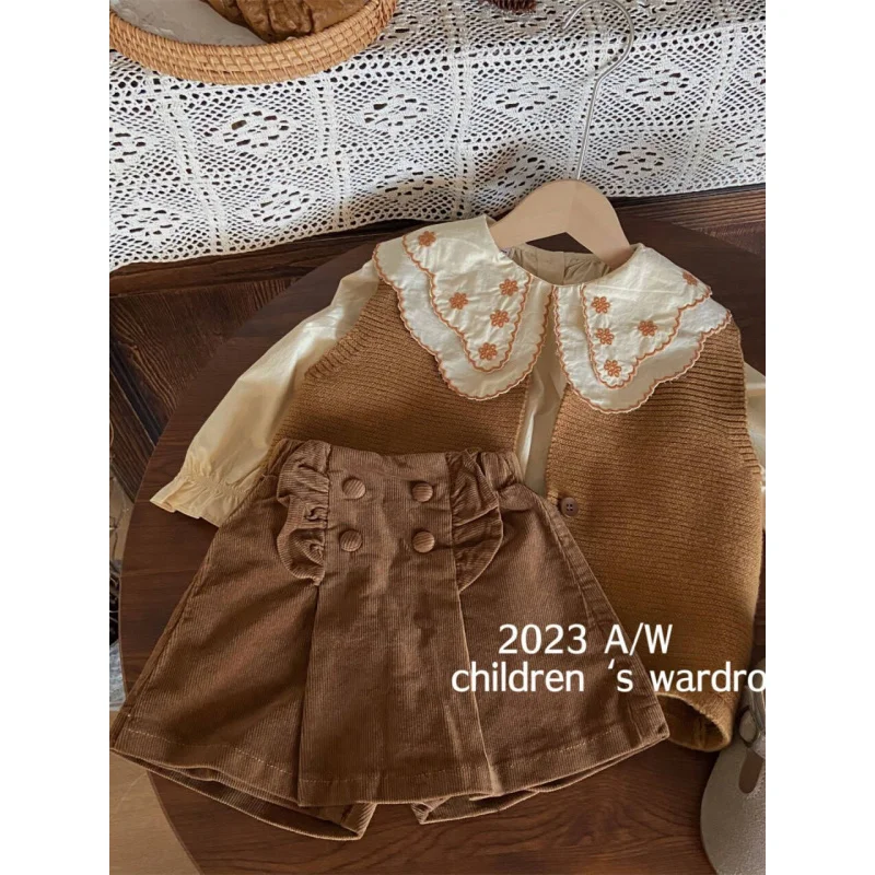 

South Korea Children's Clothing Autumn Girls' Suit Children Fashion Solid Color Knitted Vest Casual Culottes Lapel Shirt