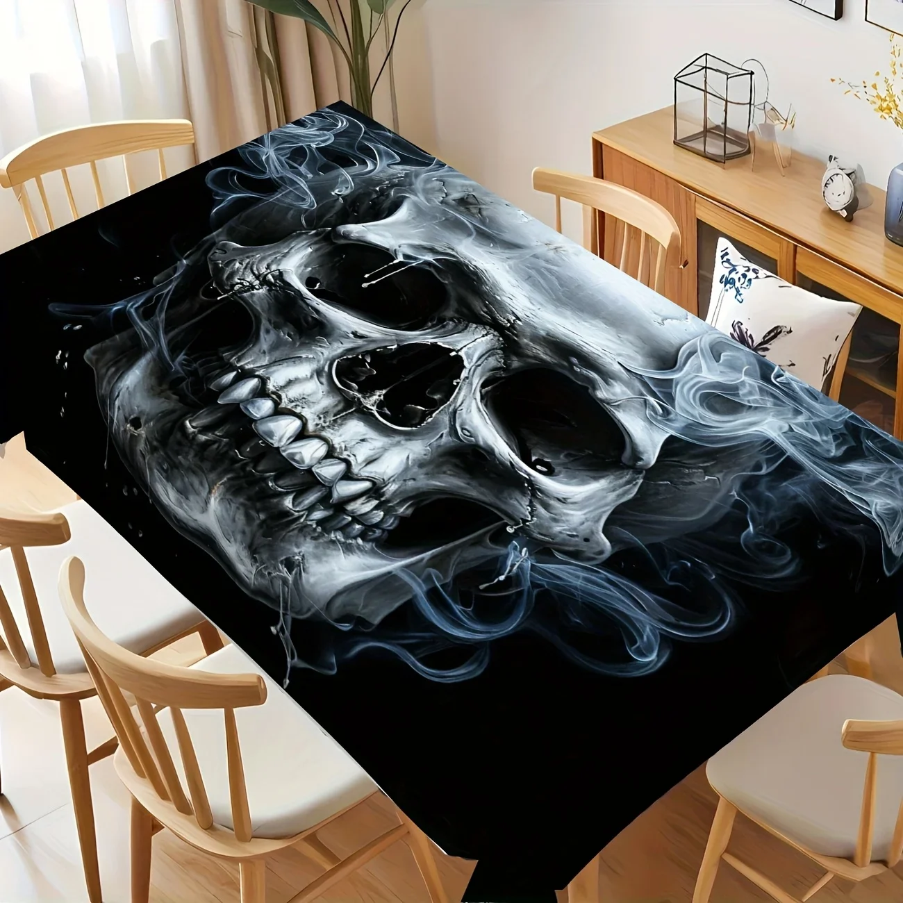 Skull-head smoking devil pattern restaurant kitchen tablecloth, cool Halloween festival table decoration