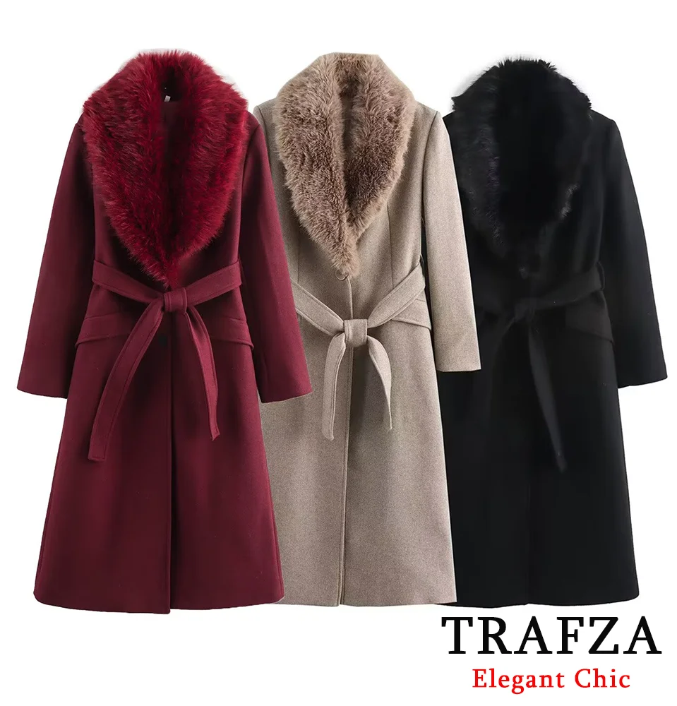 TRAFZA Women Vintage Elegant Long Coat With Lined Fur Lapel Coat With Lace-ups 2025 New Fall Winter Fashion High Street Coat