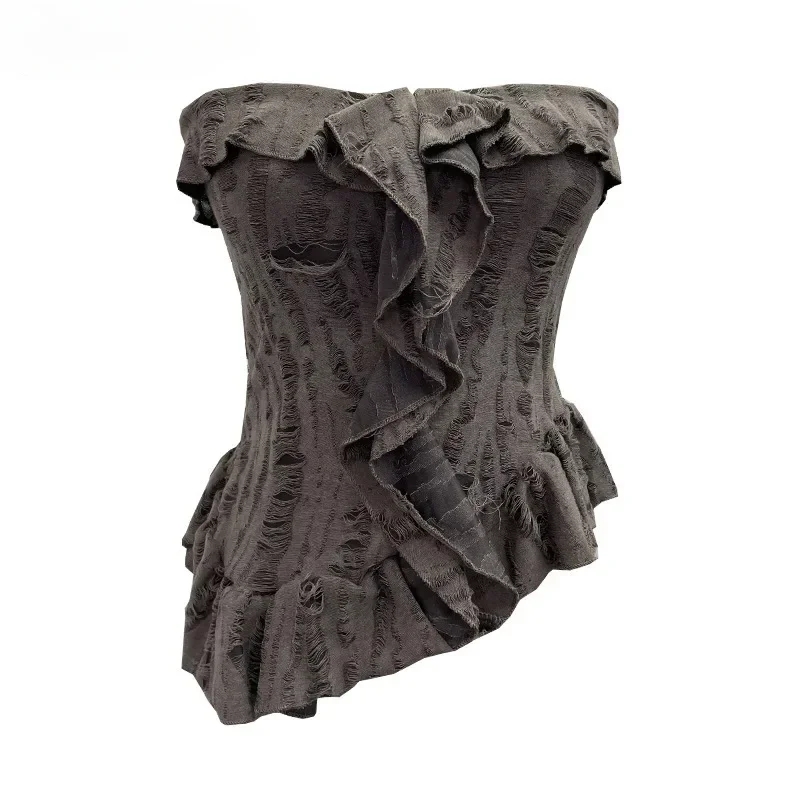 

Women's Short Tank Tops Strapless Broken Holes Sleeveless Ruffles Edge Slim Zipper Vest 2025 Summer New Fashion