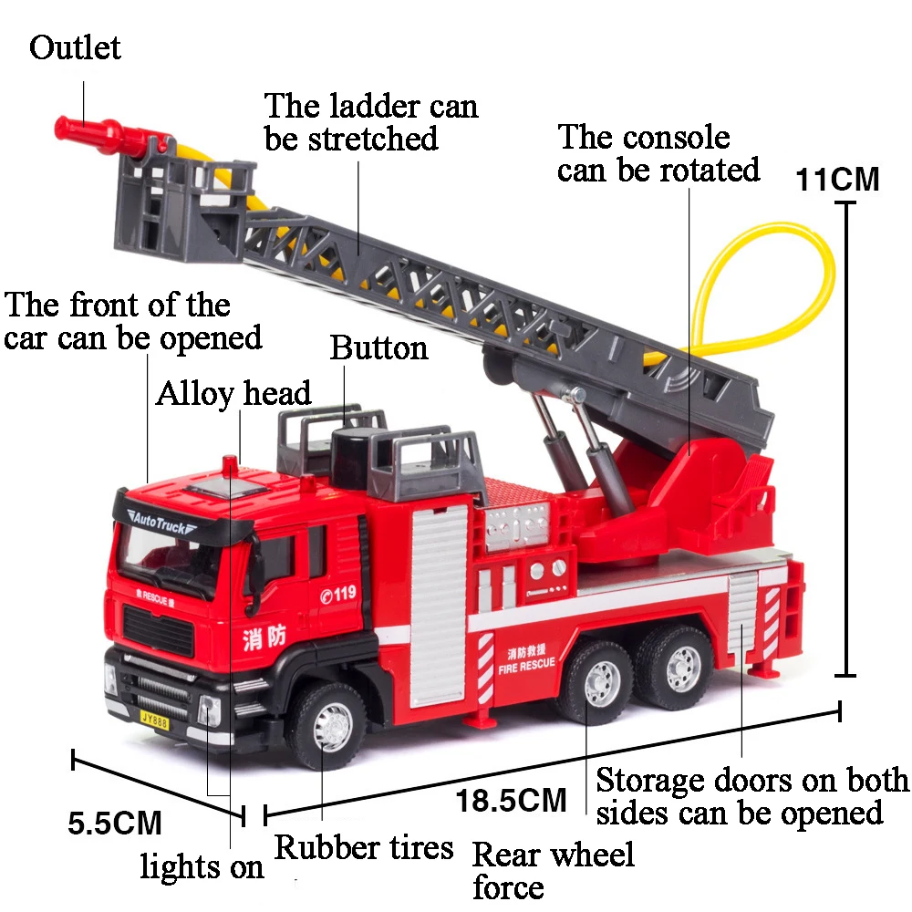 Simulation alloy fire truck can sprinkle water fire truck sprinkler model children\'s sound and light pull back toy car