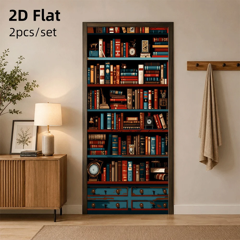 1 piece of retro bookshelf door sticker creative room decoration sticker suitable for bedroom, living room, office 2D plan