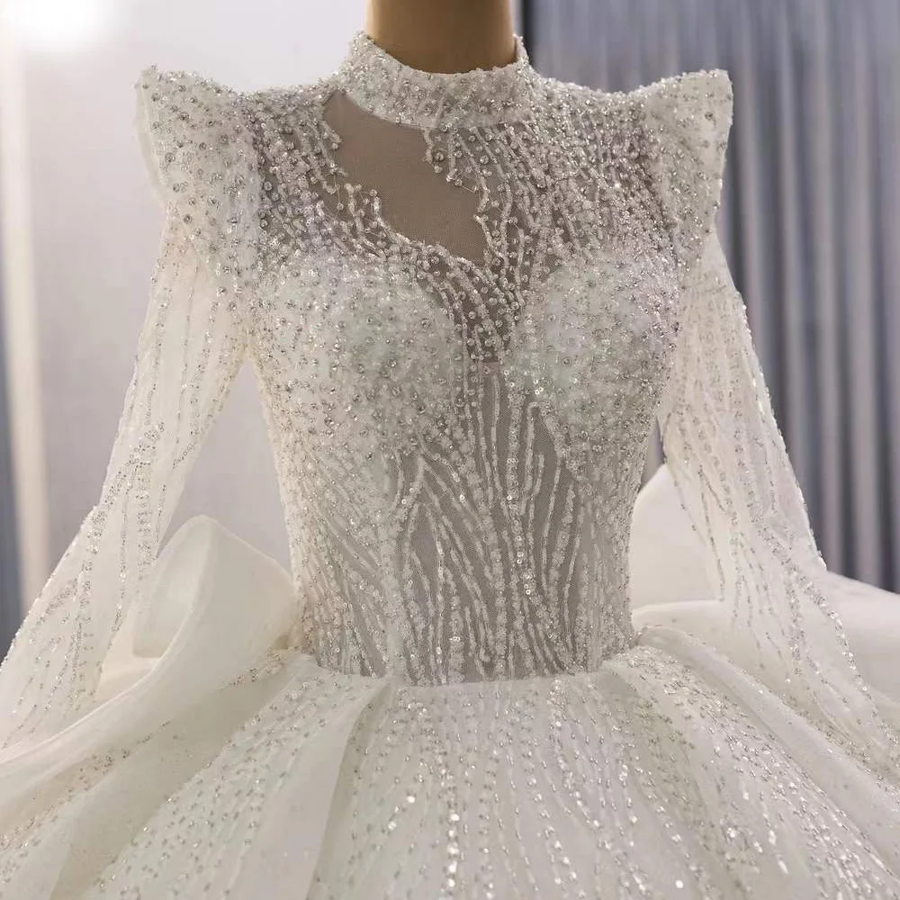 High Neck Long Sleeve Lace Up Button Back Bridal Beading Sequined Lace Ball Gown Luxury Wedding Dress