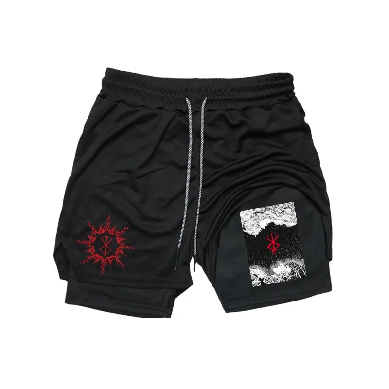 

Guts Griffith Print 2in1 Running Shorts Men Gym Performance Compression Shorts with Phone Pocket Towel Loop Athletic Activewear