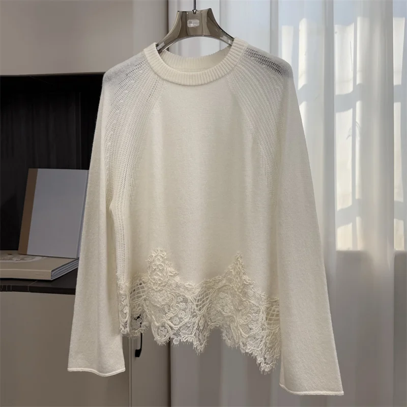 

Women's sweater Spring 2026 new stretch slim fit women's long sleeved top Wool blend round neck pullover Lace patchwork Knitwear