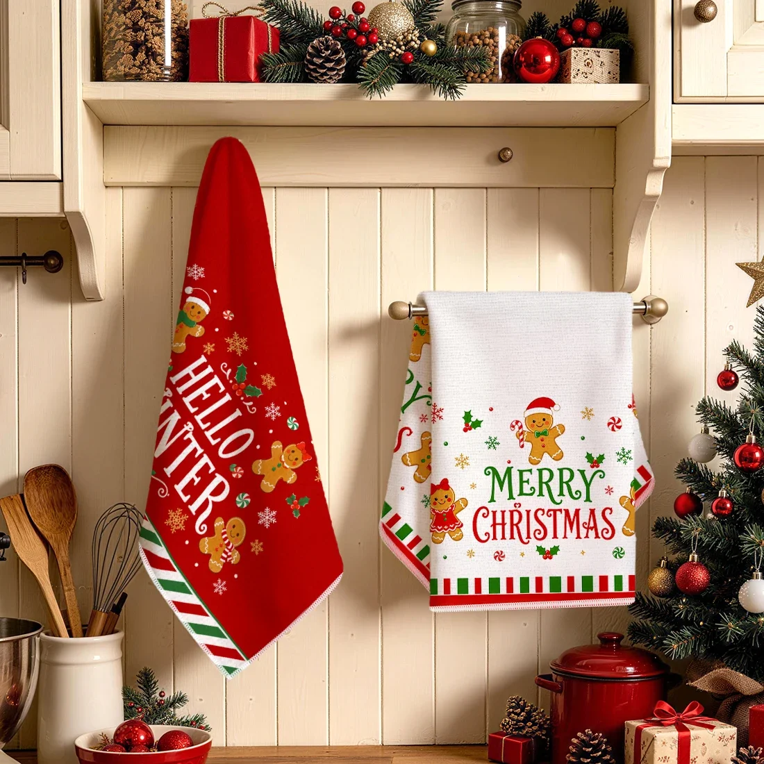 2pcs Set Kitchen Towels Christmas Gingerbread MenHand Towels Christmas Decorations For Home Noel Dish Towels Gifts