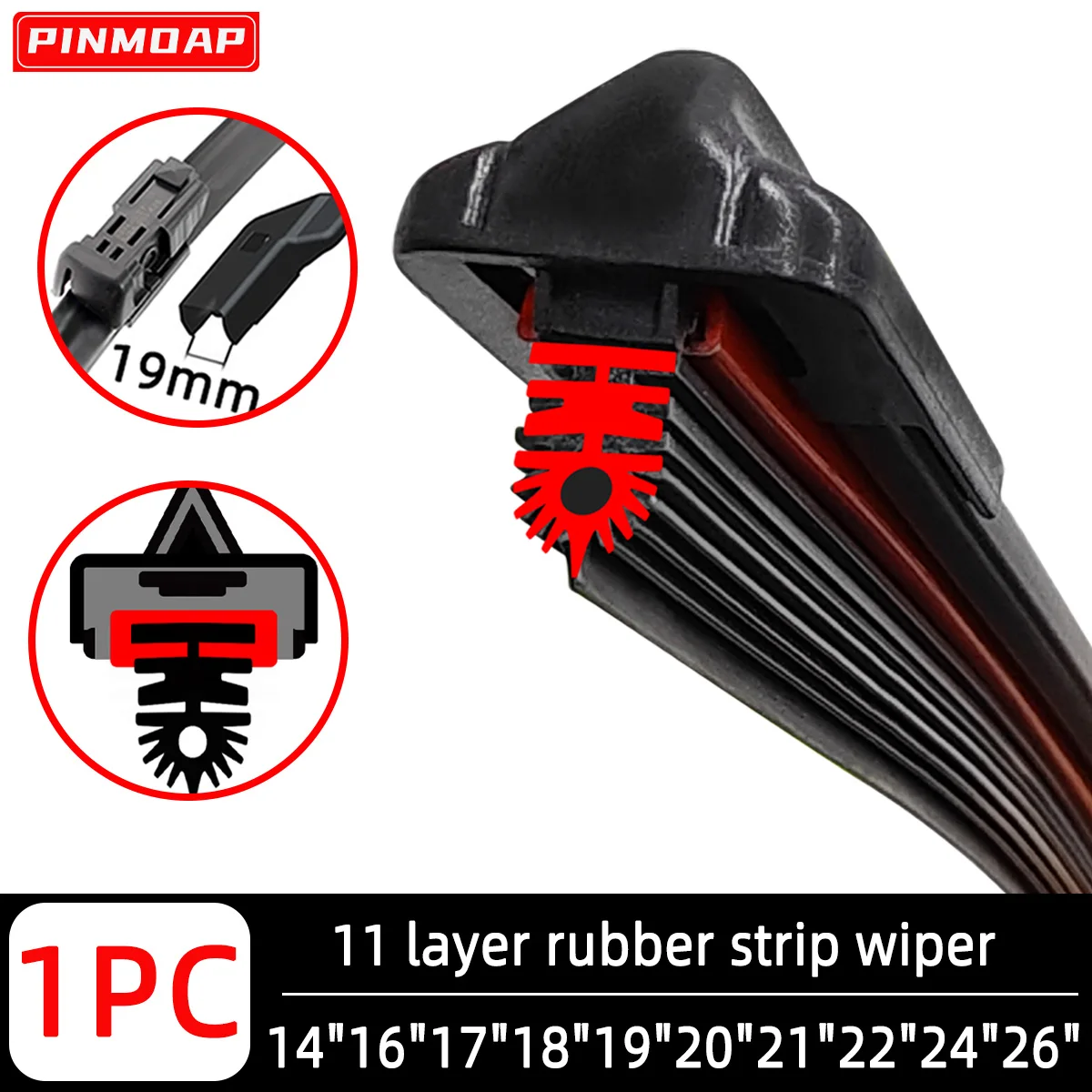 PINMOAP Geräuscharmer Auto-Scheibenwischer mit 11-Schicht-Gummistreifendesign und 19mm Schnittstelle Wischerblätter 14"16"17"18"19"20"21"22"24"26"