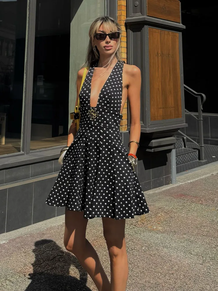 

HH Woman Fashion Sexy Sleeveless Zipper Party Dress Summer Women Elegant Mini Dress Bow Polka Dot Print Design Slim Dress