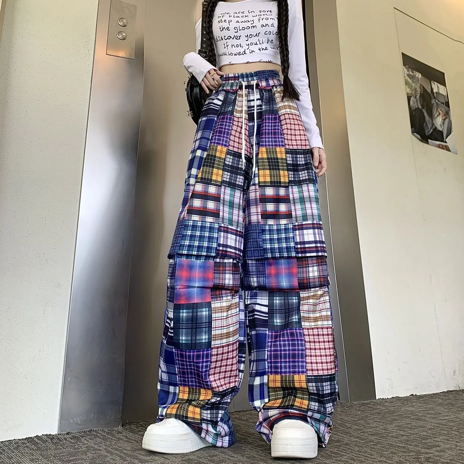 

American Style Spliced Plaid Hip-Hop Loose Casual Pants Women Spring Autumn New Niche Design Sports Style Straight Floor Pants