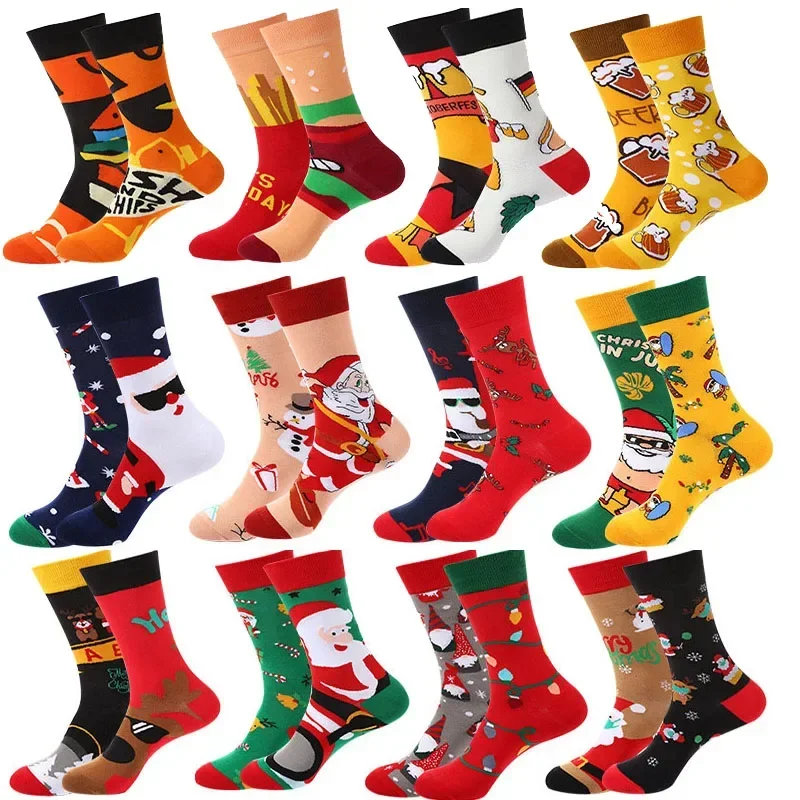 

Autumn and Winter New AB Asymmetric Burger Beer Santa Claus Fashion Personality Medium Sleeve Men's and Women's Cotton Socks