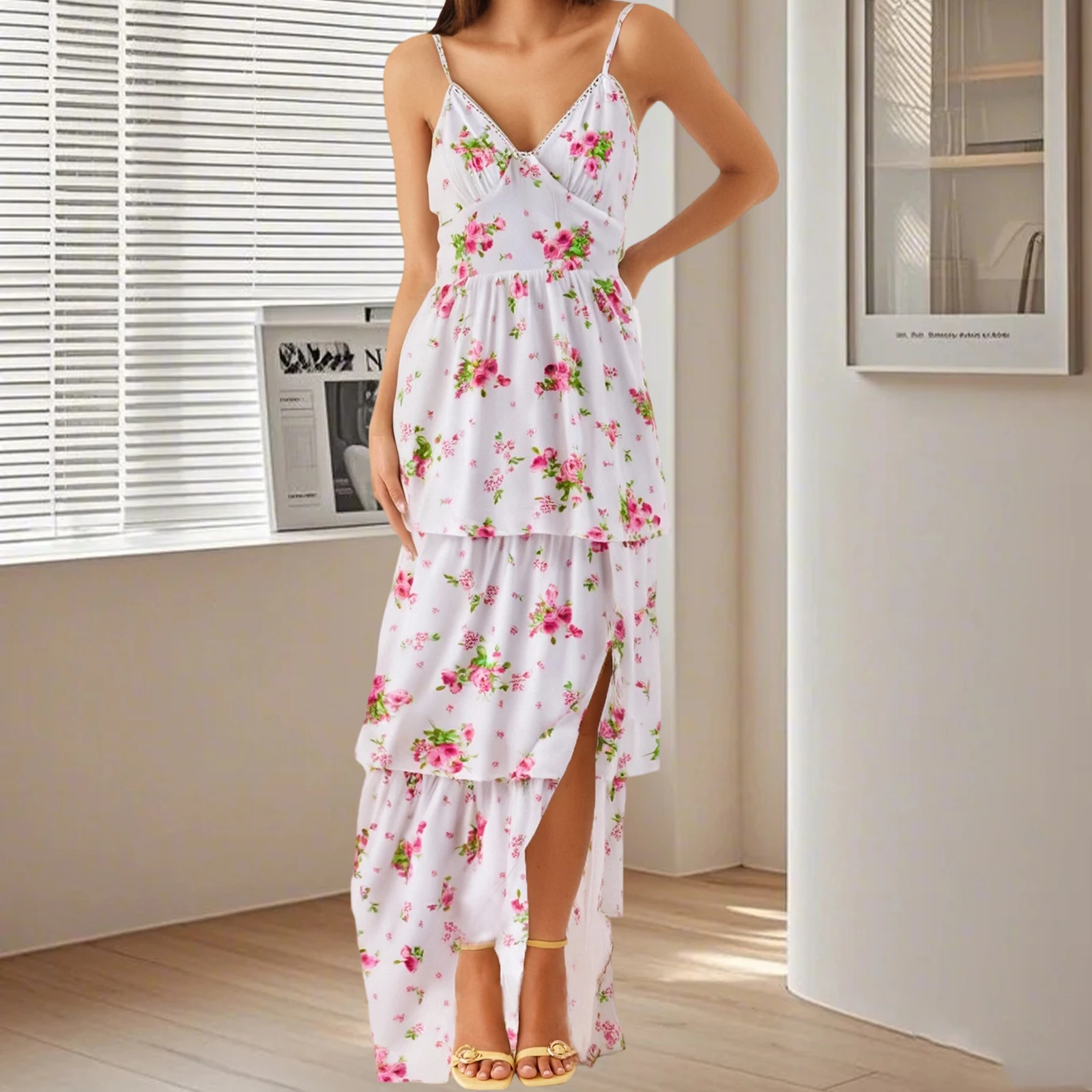 New Women Floral Cami Dress V Neck Spaghetti Strap Open Back Cross Tie A-Line Split Layered Ruffled Long Dress Club Street Style