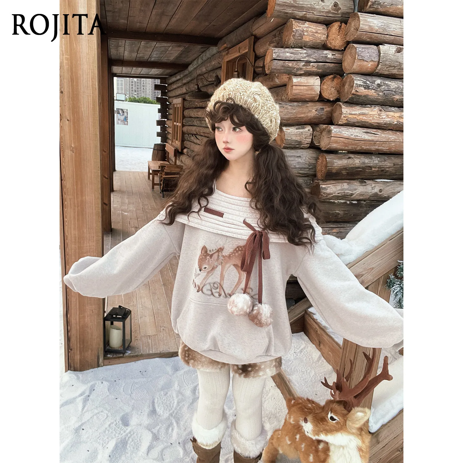 

Coarse Knit Patchwork Fawn Print Off-Shoulder Vintage Loose Lantern Sleeve Retro Sweatshirt Top