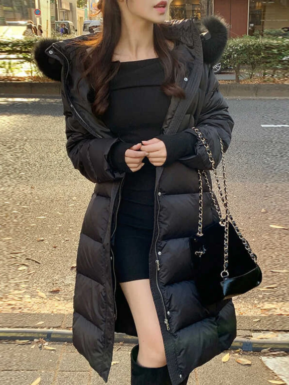 

Korean Sle Women's Thiened Long Hooded down Jaet with Large Fur Collar Mid-Length Over-Knee Winter Warm Du down Coat