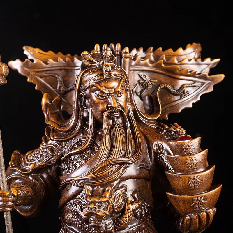 Statue of the God of Wealth, Guan Gong Kowloon，Resin Imitation wood grain God of War Guan Yu Home room loft office lucky statue