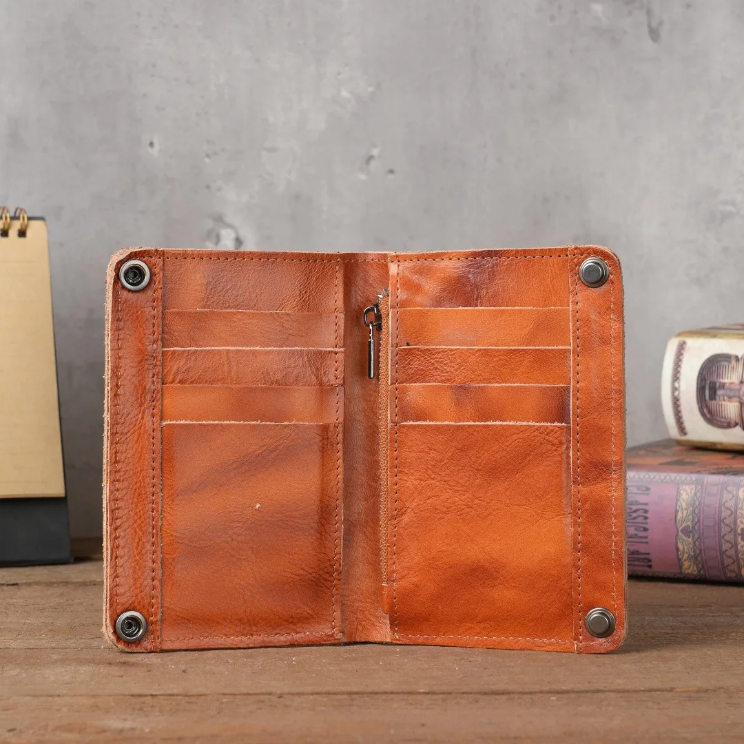 Top Layer Cowhide Leather Wallet Men's Long Style Multi-Card Slot Retro Style Money Clip Purse Foldable Daily Use