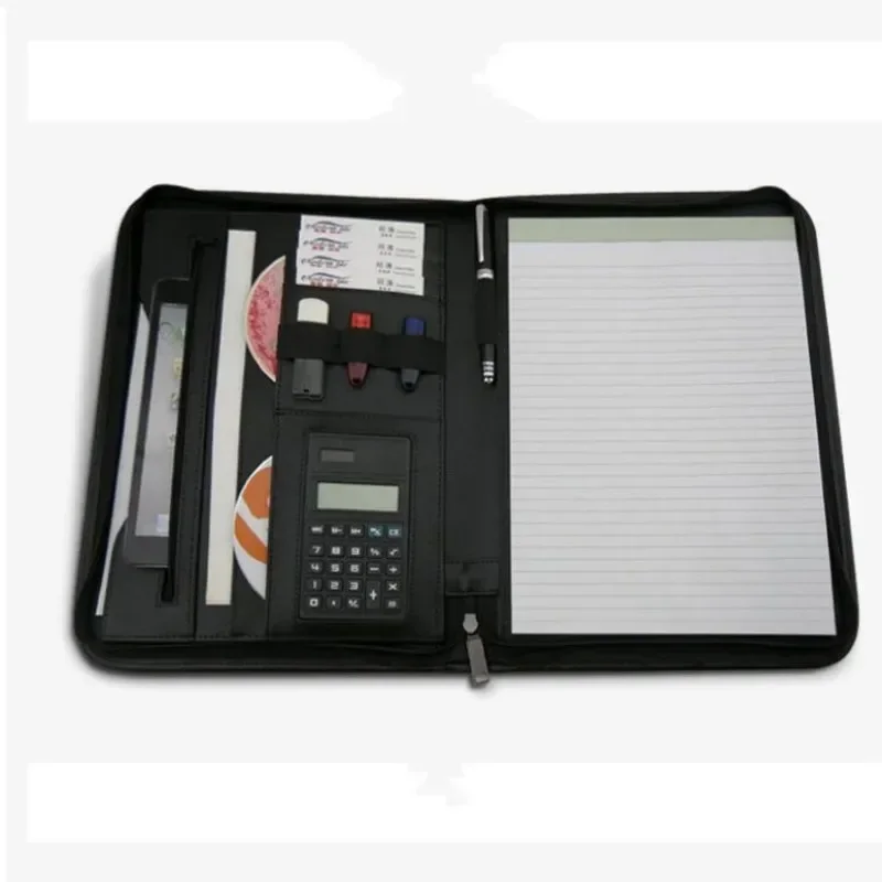 A4 File Folder 370 Leather Business Manager with Zipper Calculator Folder Office School Supplies Multifunctional Padfolio
